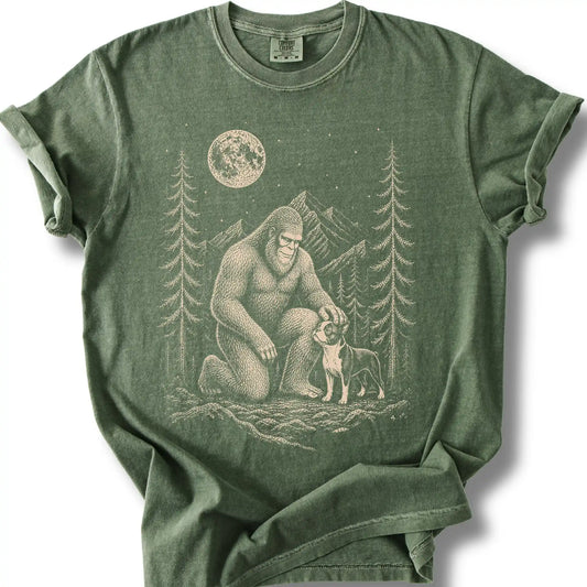 Boston Terrier Bigfoot Petting on a Moss T-shirt, shown flat