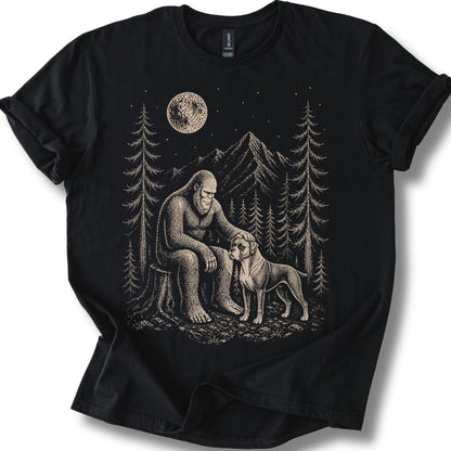 Boxer Bigfoot Petting on a Black T-shirt, shown flat