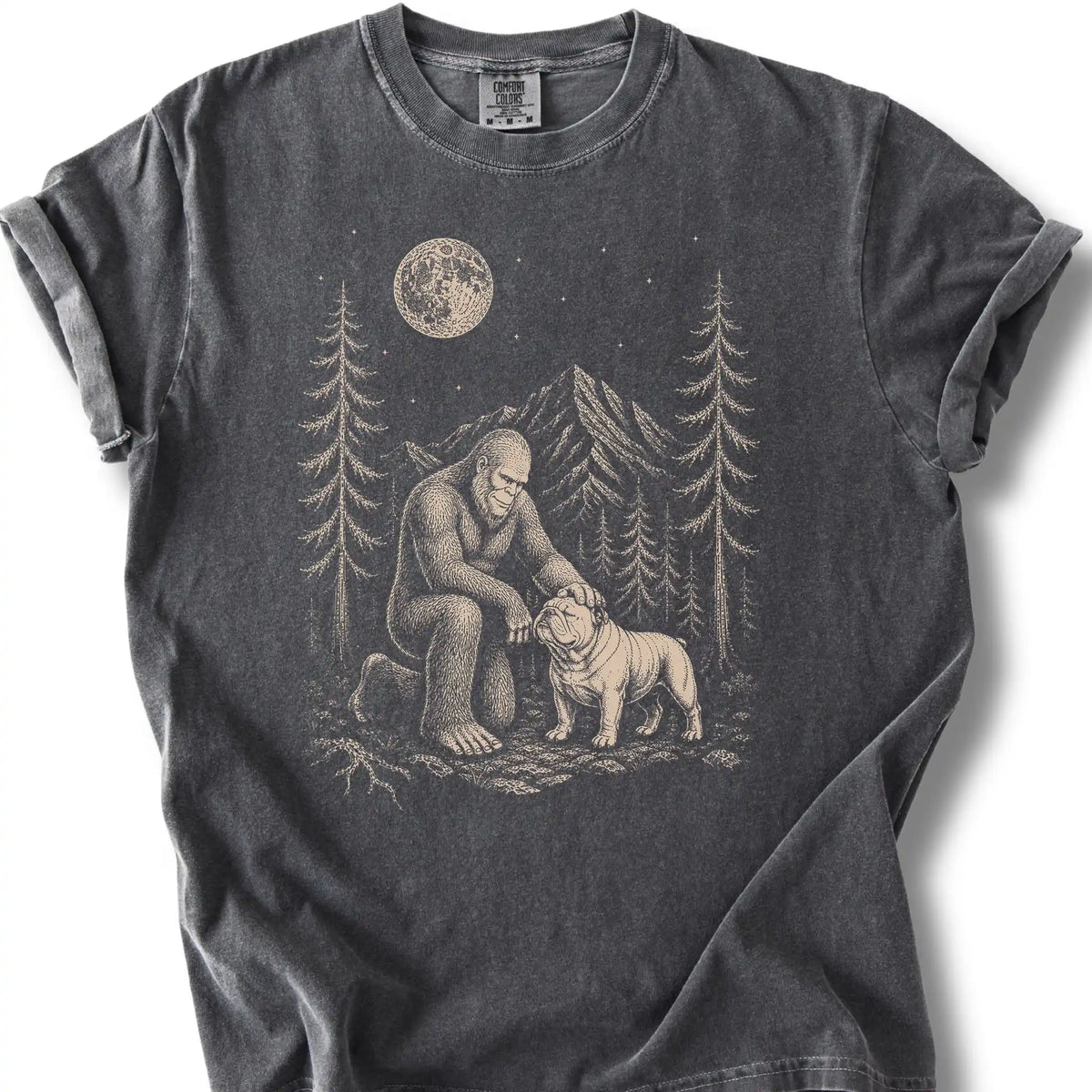 English Bulldog Bigfoot Petting on a Pepper T-shirt, shown flat