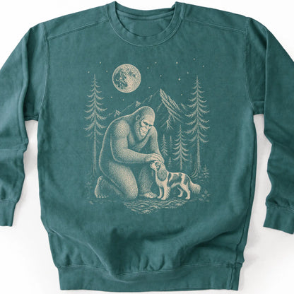 Cavalier King Charles Spaniel Bigfoot Petting on a Blue Spruce crewneck sweatshirt, shown flat