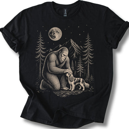 Cavalier King Charles Spaniel Bigfoot Petting on a Black T-shirt, shown flat
