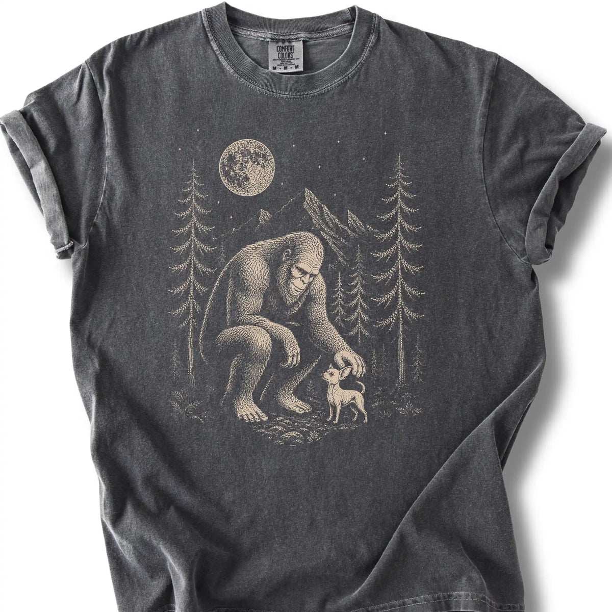 Chihuahua Bigfoot Petting on a Pepper T-shirt, shown flat