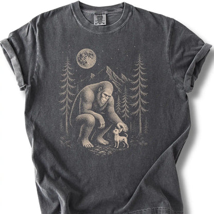Chihuahua Bigfoot Petting on a Pepper T-shirt, shown flat