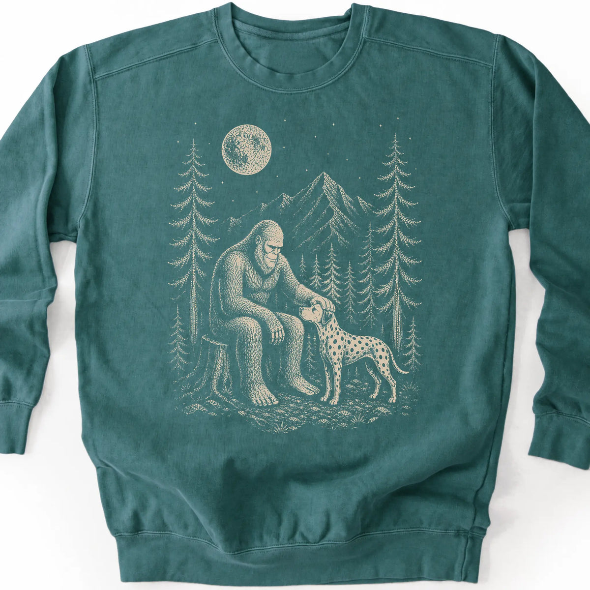 Dalmatian Bigfoot Petting on a Blue Spruce crewneck sweatshirt, shown flat
