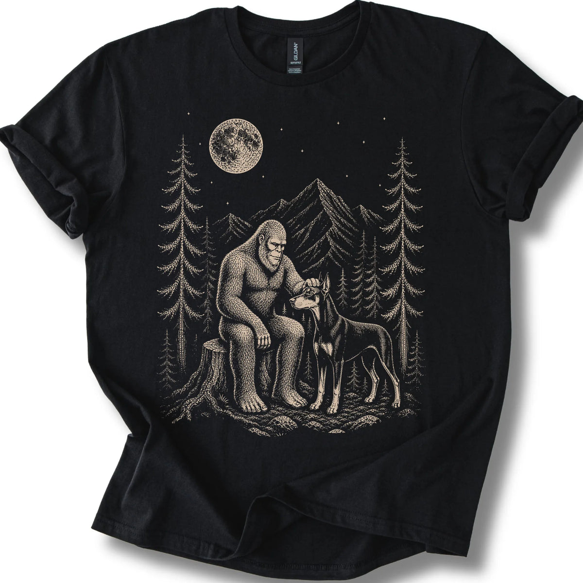 Doberman Bigfoot Petting on a Black T-shirt, shown flat