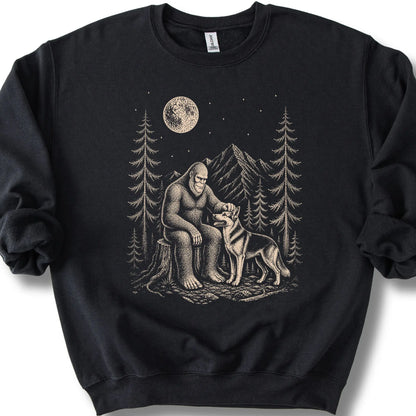 German Shepherd Bigfoot Petting on a Black crewneck sweatshirt, shown flat