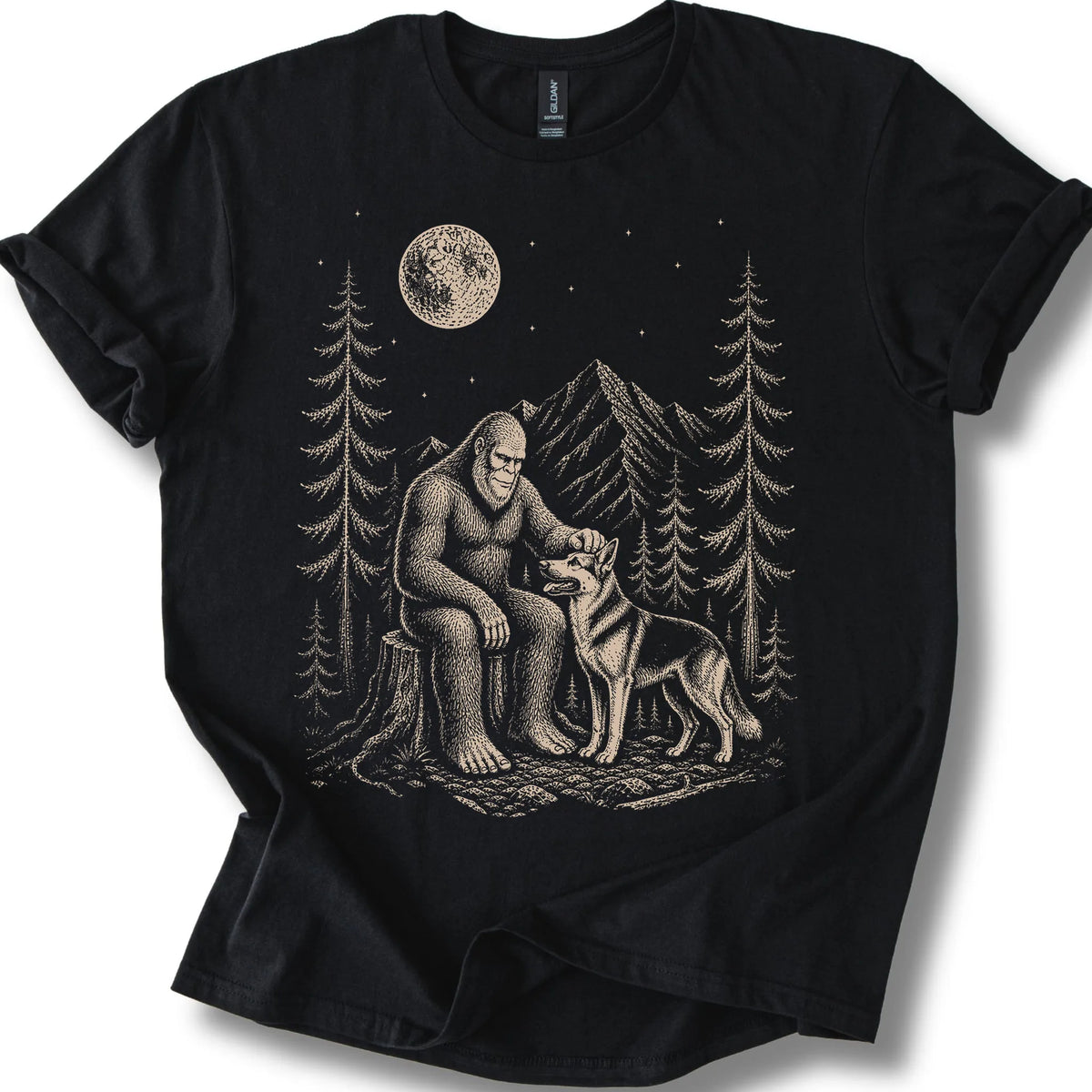 German Shepherd Bigfoot Petting on a Black T-shirt, shown flat