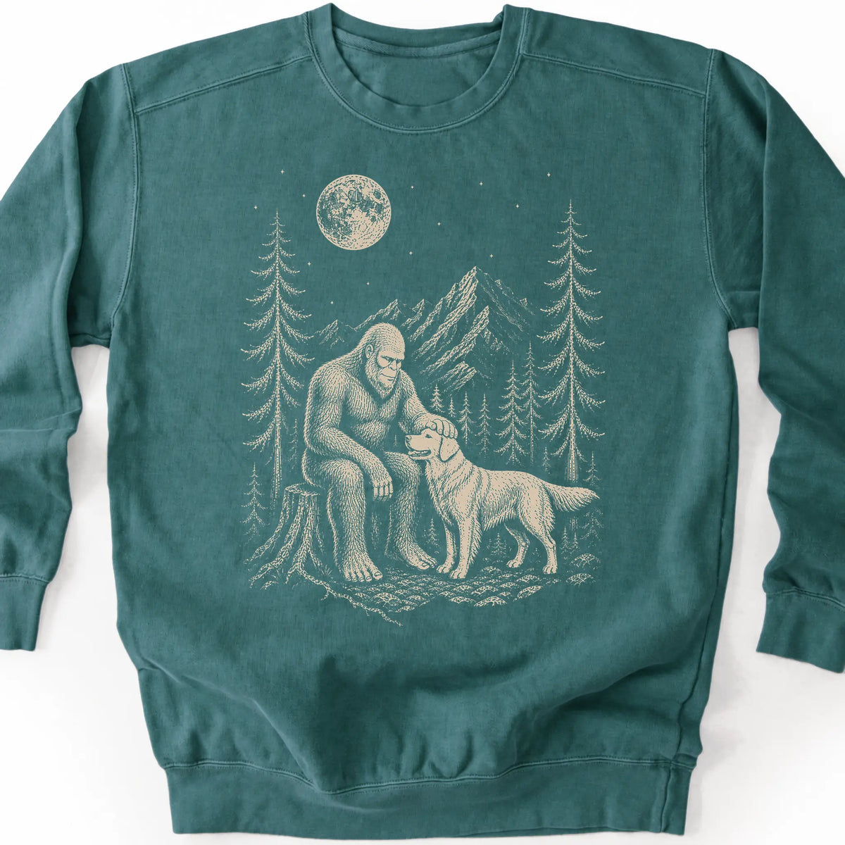 Golden Retriever Bigfoot Petting on a Blue Spruce crewneck sweatshirt, shown flat