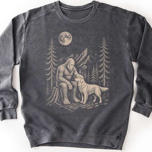 Golden Retriever Bigfoot Petting on a Pepper crewneck sweatshirt, shown flat