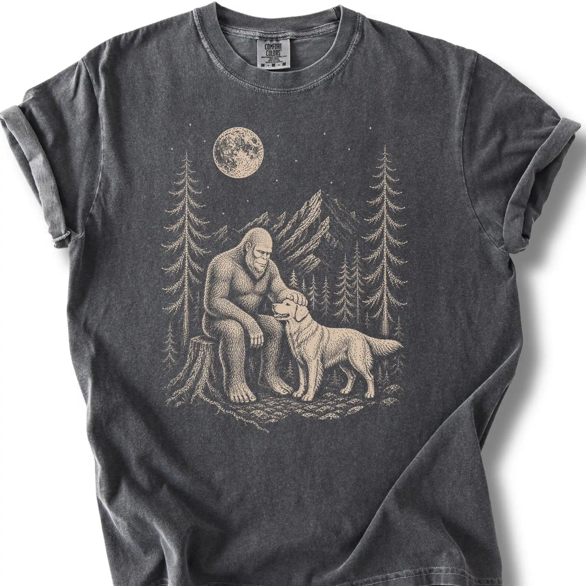 Golden Retriever Bigfoot Petting on a Pepper T-shirt, shown flat