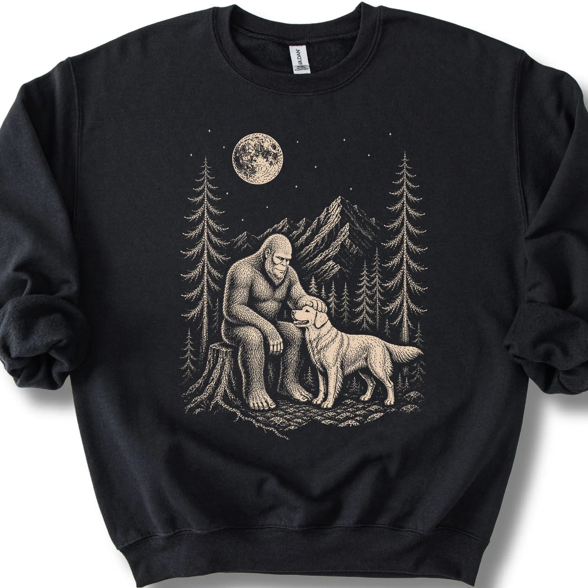 Golden Retriever Bigfoot Petting on a Black crewneck sweatshirt, shown flat