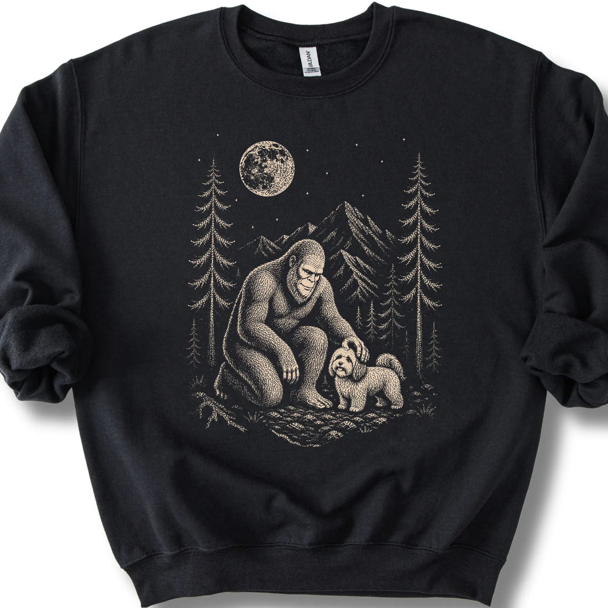 Havanese Bigfoot Petting on a Black crewneck sweatshirt, shown flat