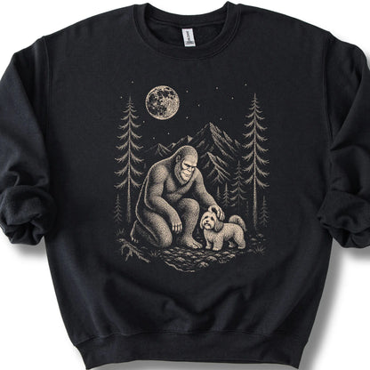 Havanese Bigfoot Petting on a Black crewneck sweatshirt, shown flat