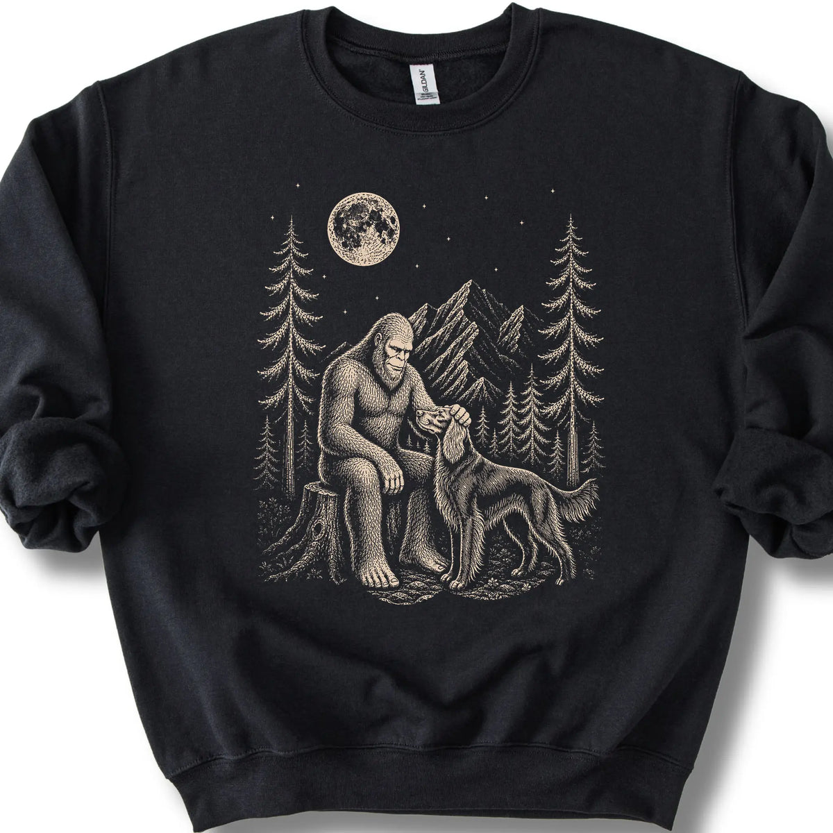 Irish Setter Bigfoot Petting on a Black crewneck sweatshirt, shown flat