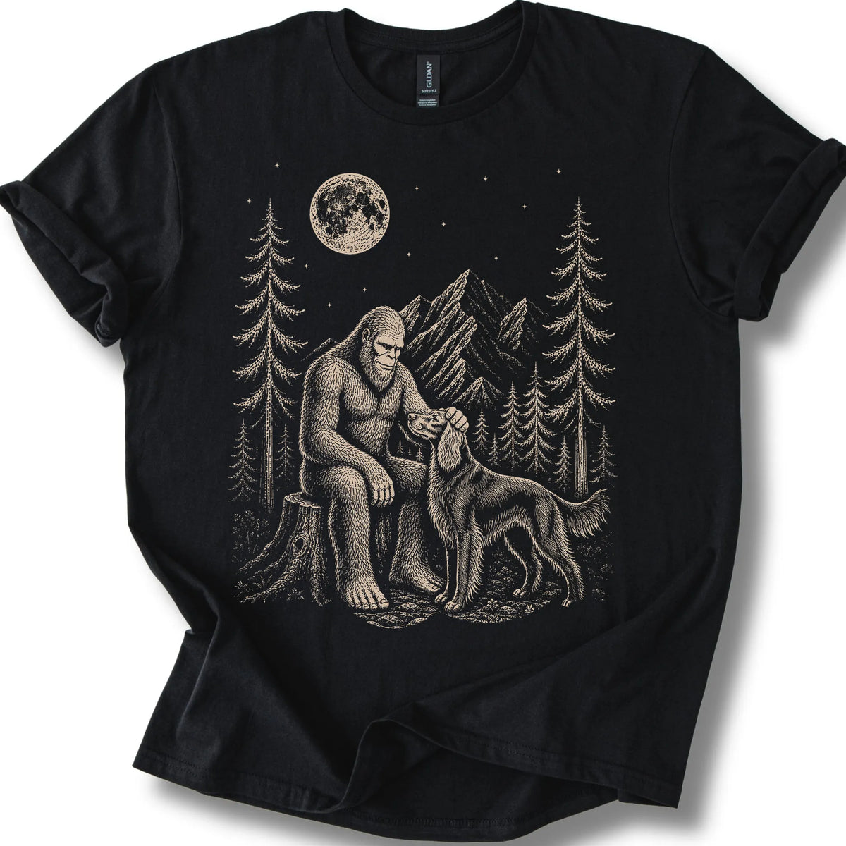 Irish Setter Bigfoot Petting on a Black T-shirt, shown flat