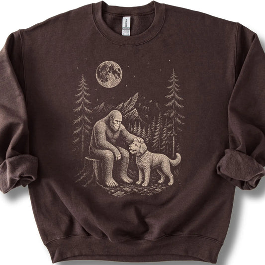 Labradoodle Bigfoot Petting on a Dark Chocolate crewneck sweatshirt, shown flat