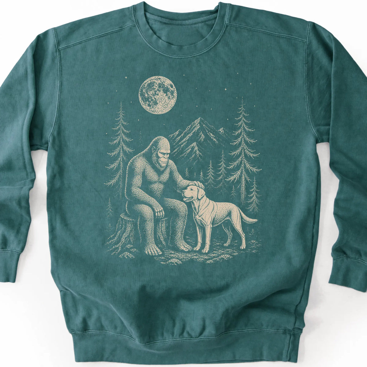 Labrador Retriever Bigfoot Petting on a Blue Spruce crewneck sweatshirt, shown flat