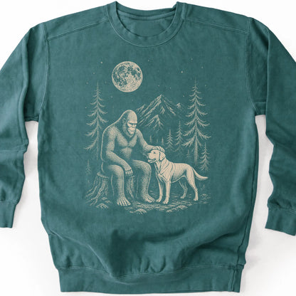 Labrador Retriever Bigfoot Petting on a Blue Spruce crewneck sweatshirt, shown flat