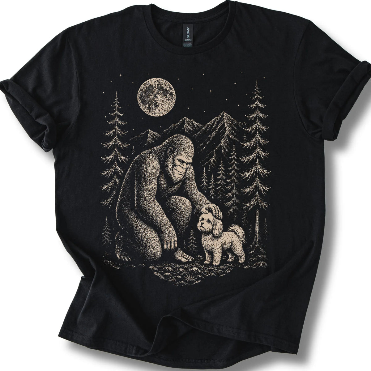 Maltese Bigfoot Petting on a Black T-shirt, shown flat