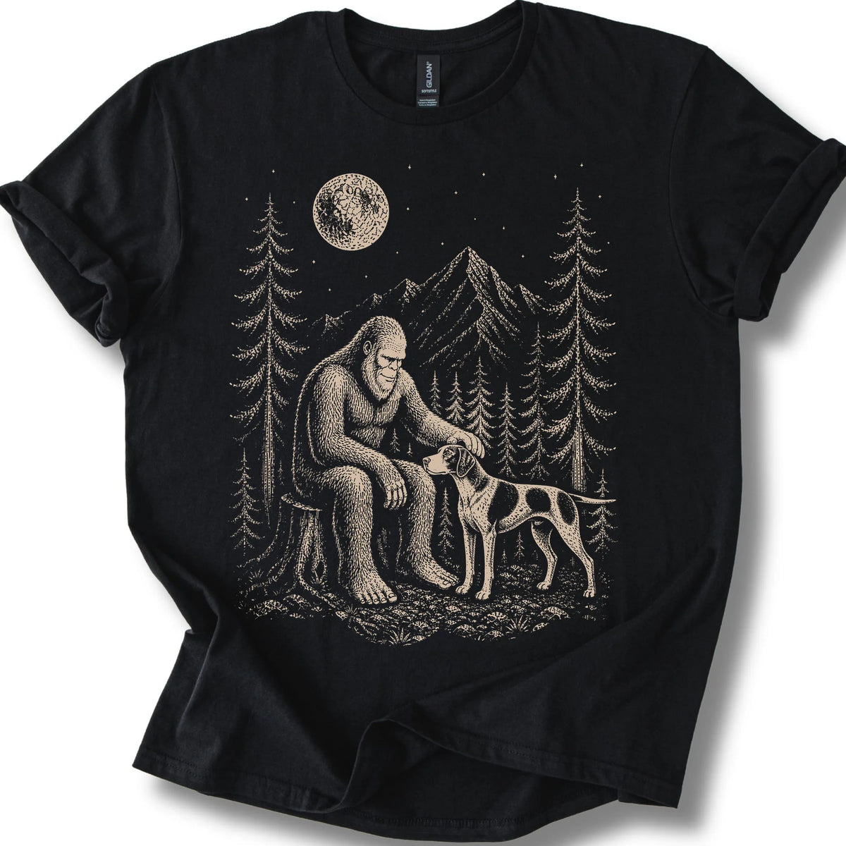 Pointer Bigfoot Petting on a Black T-shirt, shown flat