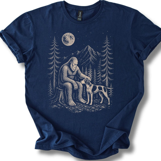 Pointer Bigfoot Petting on a Navy T-shirt, shown flat