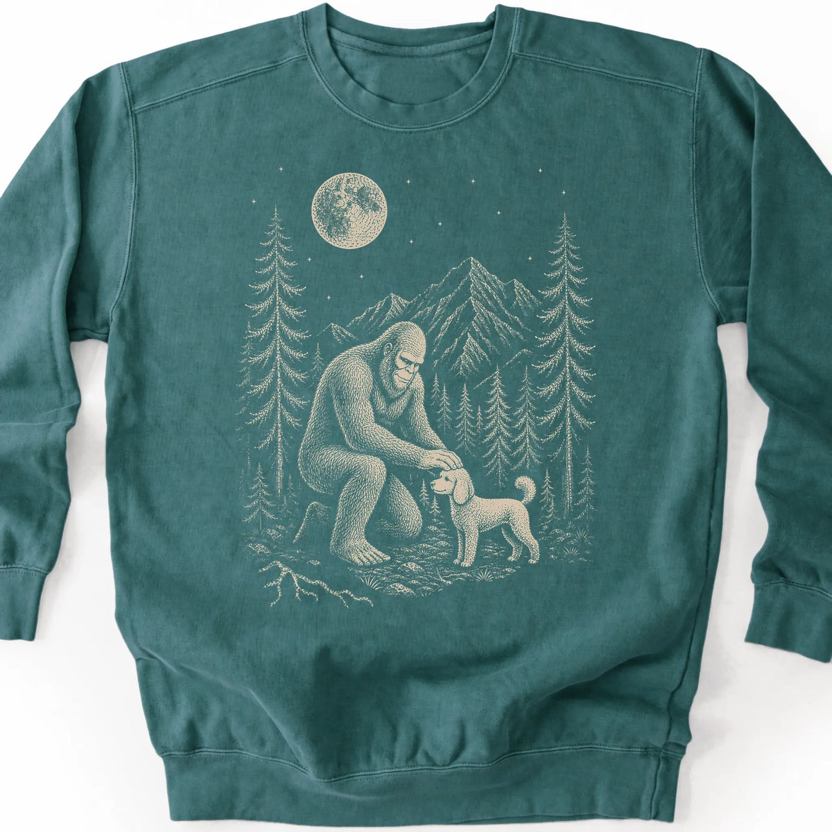 Poodle Bigfoot Petting on a Blue Spruce crewneck sweatshirt, shown flat
