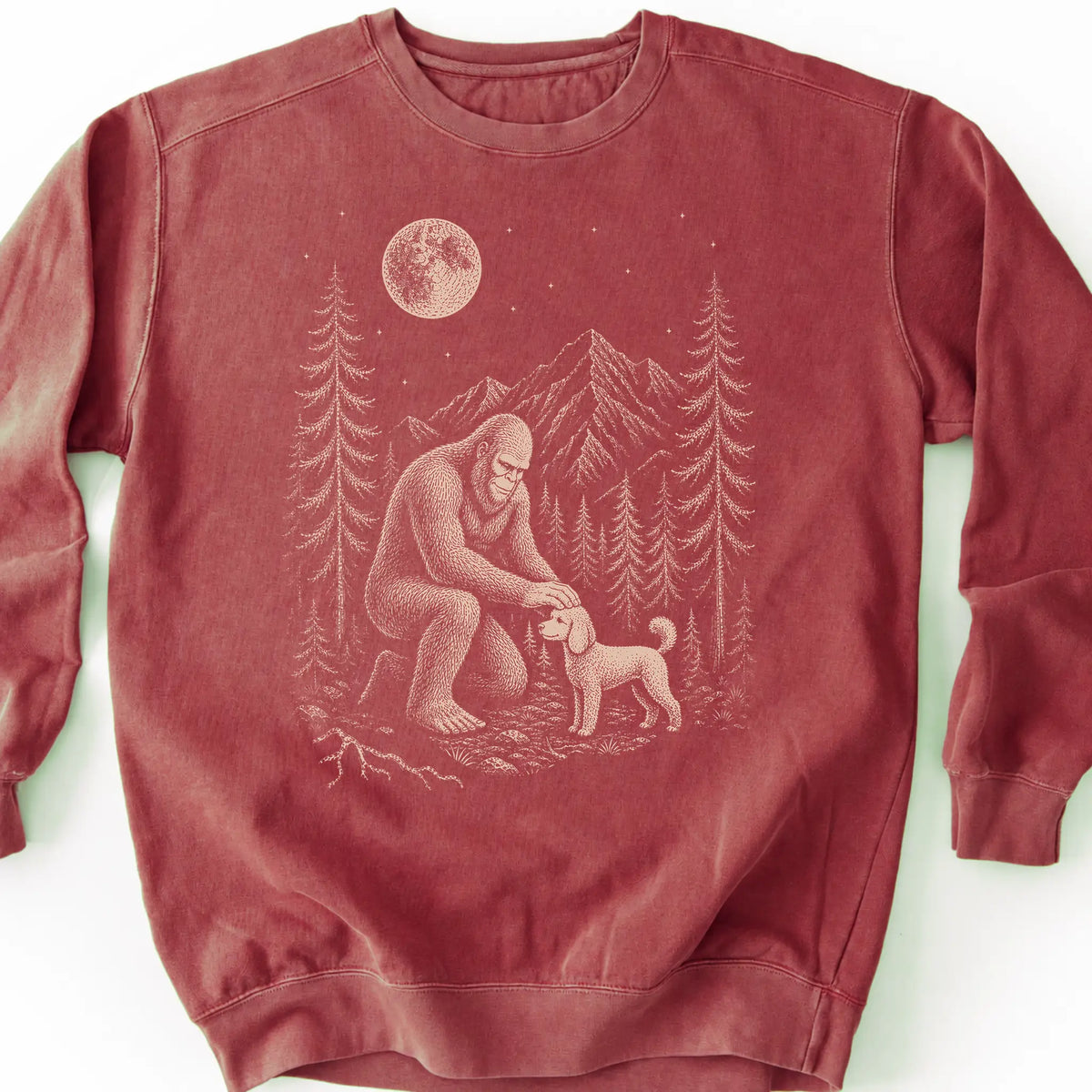 Poodle Bigfoot Petting on a Crimson crewneck sweatshirt, shown flat