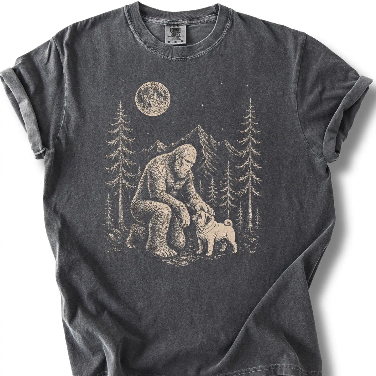 Pug Bigfoot Petting on a Pepper T-shirt, shown flat