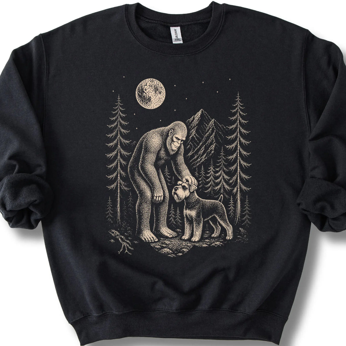 Schnauzer Bigfoot Petting on a Black crewneck sweatshirt, shown flat