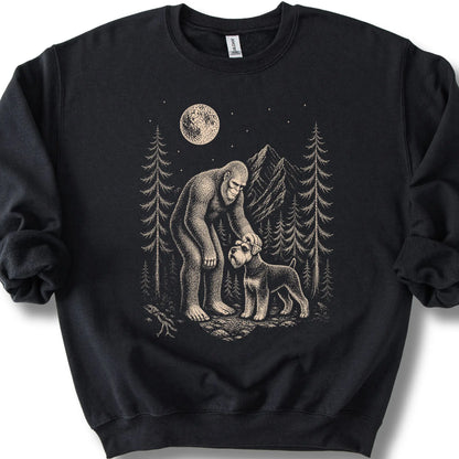 Schnauzer Bigfoot Petting on a Black crewneck sweatshirt, shown flat