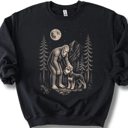 Schnauzer Bigfoot Petting on a Black crewneck sweatshirt, shown flat
