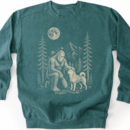 Shiba Inu Bigfoot Petting on a Blue Spruce crewneck sweatshirt, shown flat