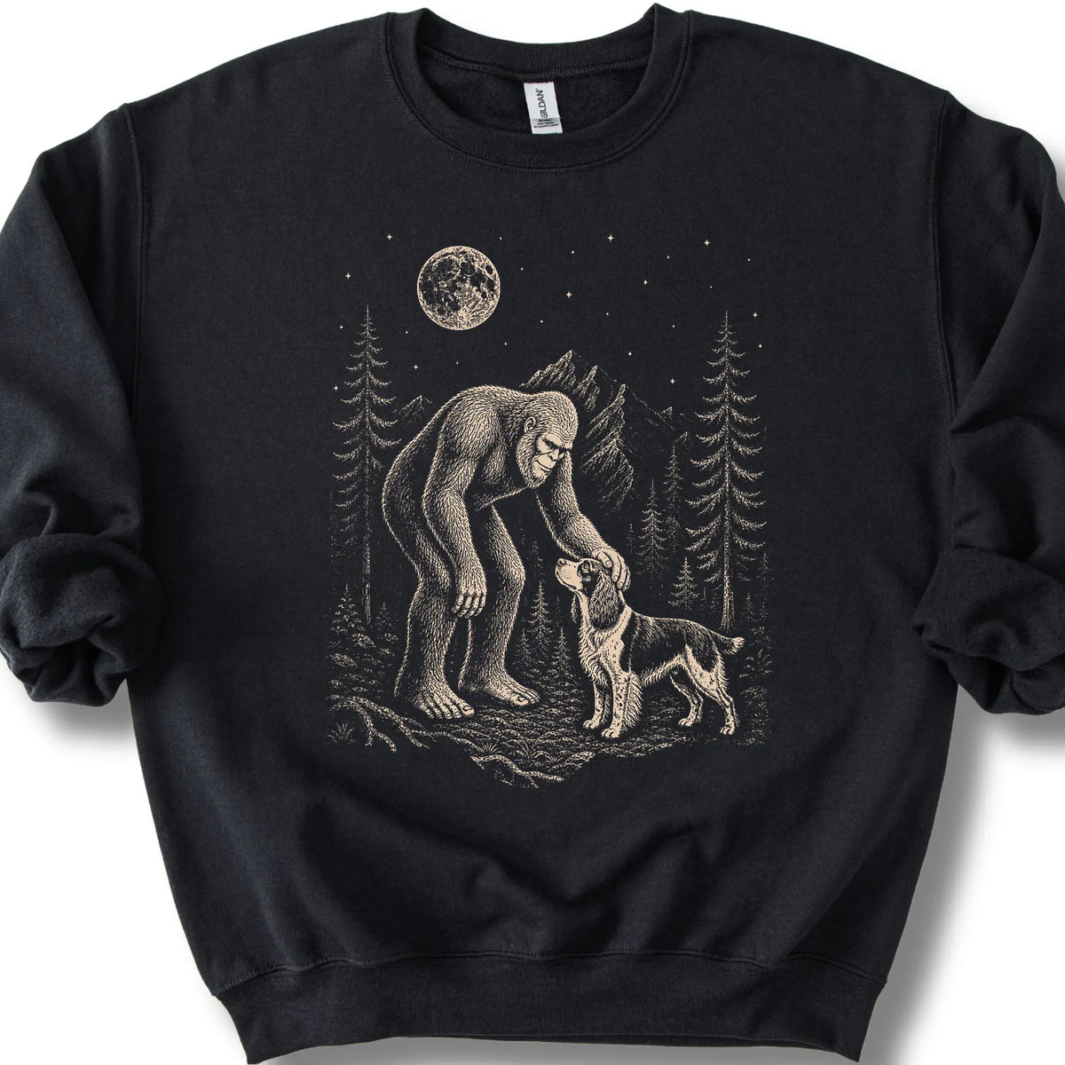 Springer Spaniel Bigfoot Petting on a Black crewneck sweatshirt, shown flat