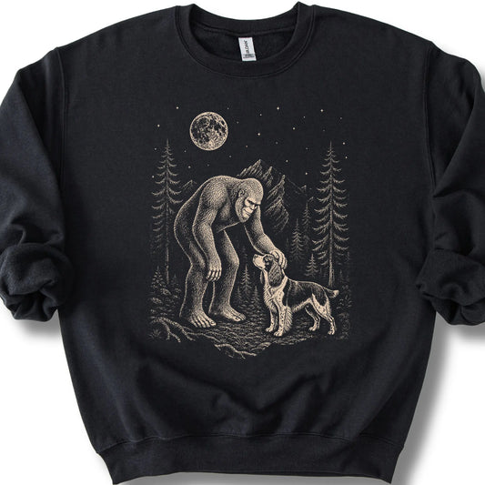 Springer Spaniel Bigfoot Petting on a Black crewneck sweatshirt, shown flat