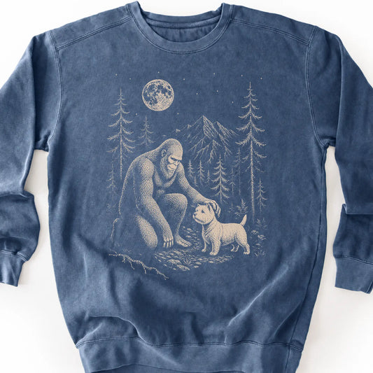 Westie Bigfoot Petting on a Denim crewneck sweatshirt, shown flat