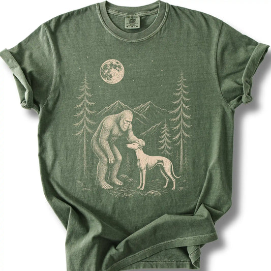 Whippet Bigfoot Petting on a Moss T-shirt, shown flat