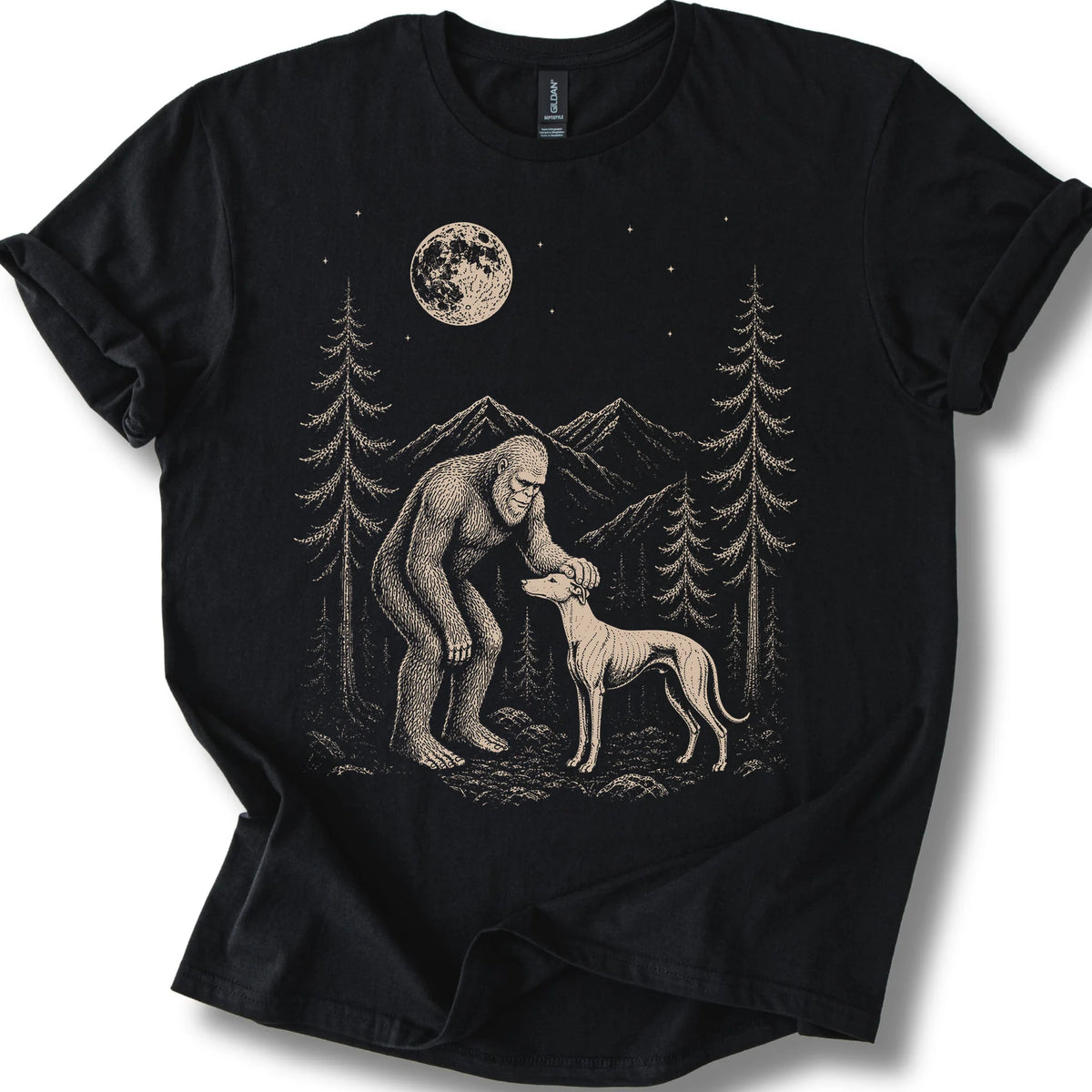 Whippet Bigfoot Petting on a Black T-shirt, shown flat