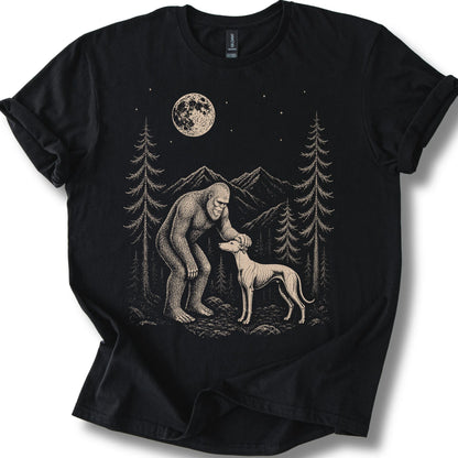 Whippet Bigfoot Petting on a Black T-shirt, shown flat
