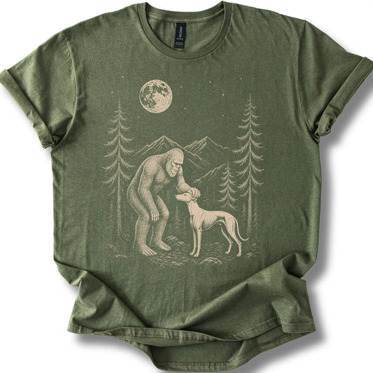 Whippet Bigfoot Petting on a Military Green T-shirt, shown flat