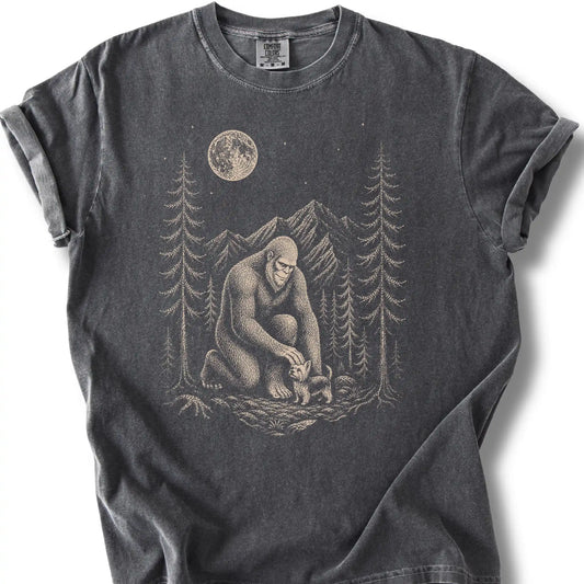 Yorkie Bigfoot Petting on a Pepper T-shirt, shown flat