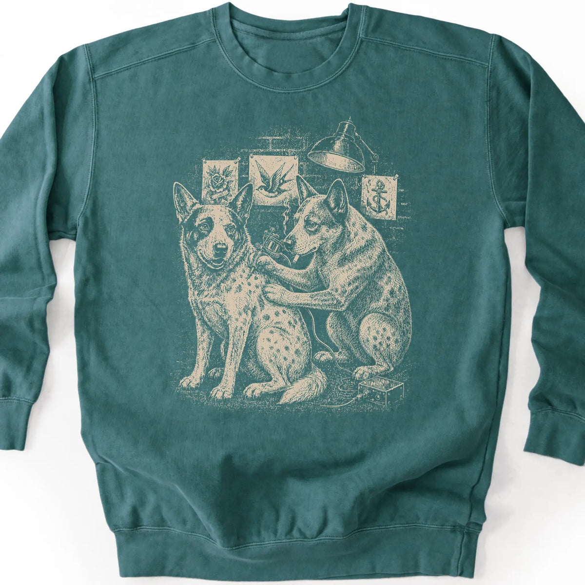 Blue Heeler Tattoo on a Blue Spruce crewneck sweatshirt, shown flat