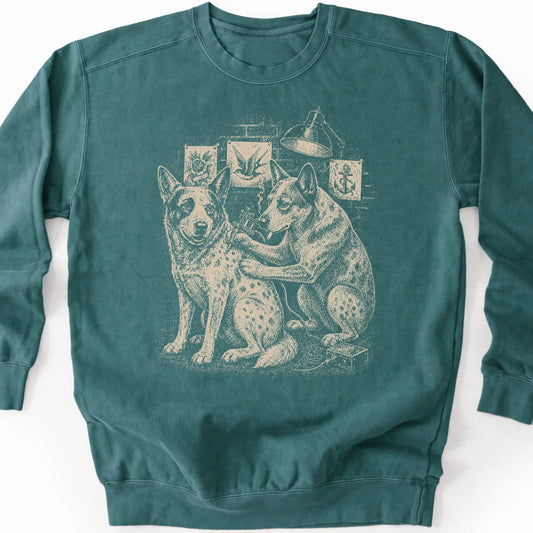 Blue Heeler Tattoo on a Blue Spruce crewneck sweatshirt, shown flat