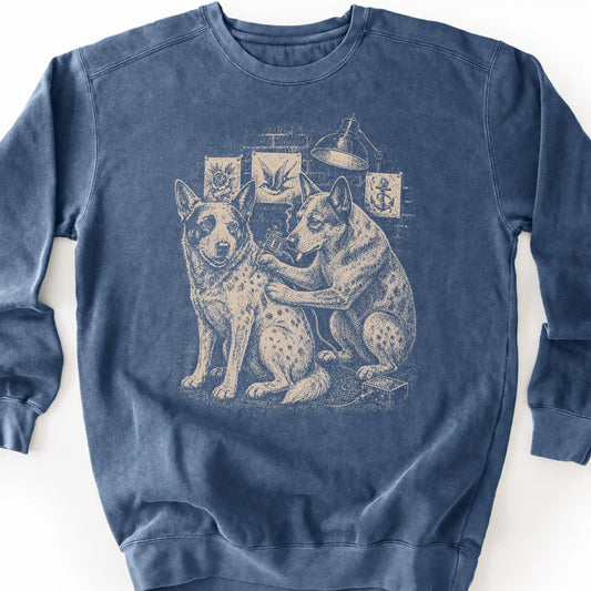 Blue Heeler Tattoo on a Denim crewneck sweatshirt, shown flat