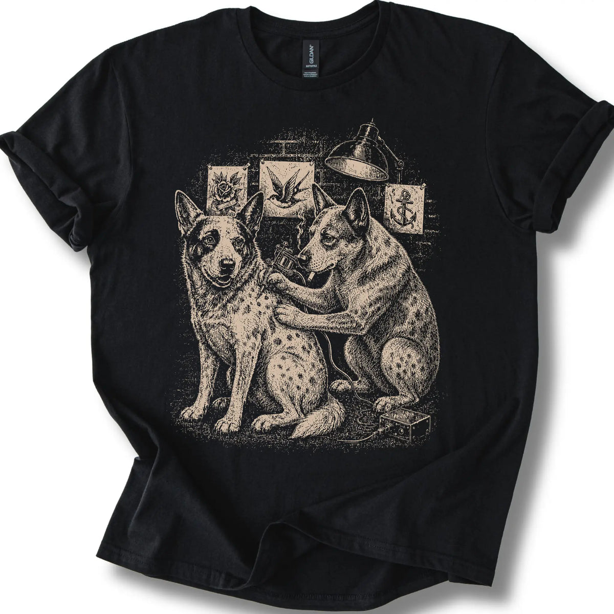 Blue Heeler Tattoo on a Black T-shirt, shown flat