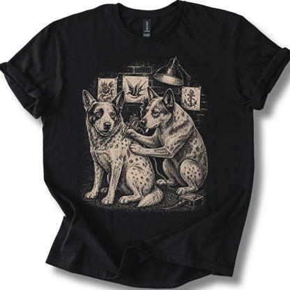 Blue Heeler Tattoo on a Black T-shirt, shown flat