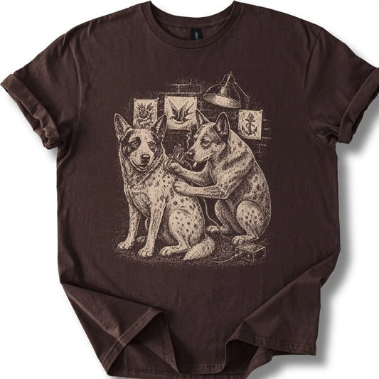 Blue Heeler Tattoo on a Dark Chocolate T-shirt, shown flat