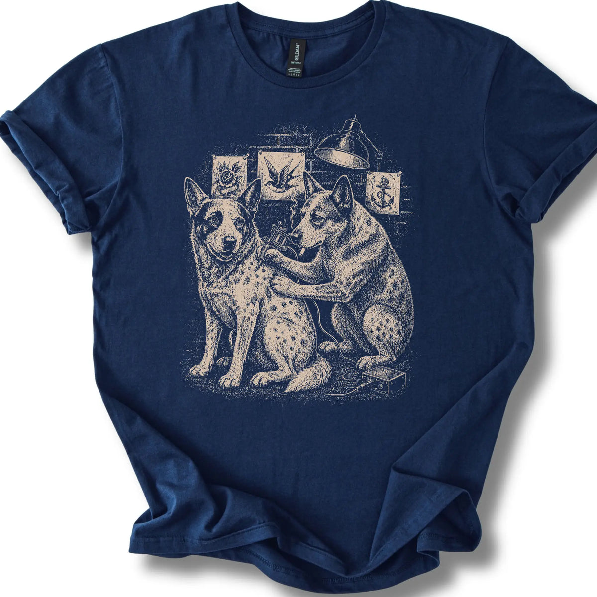 Blue Heeler Tattoo on a Navy T-shirt, shown flat