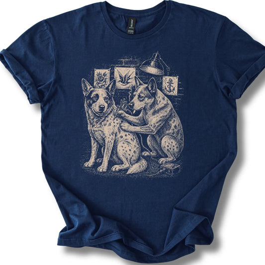 Blue Heeler Tattoo on a Navy T-shirt, shown flat