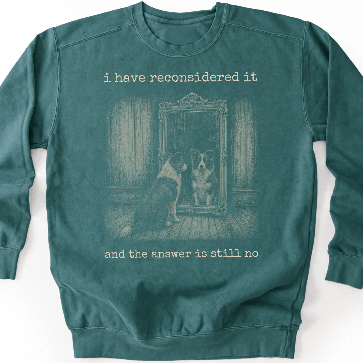 Border Collie The Answer Is Still No on a Blue Spruce crewneck sweatshirt, shown flat