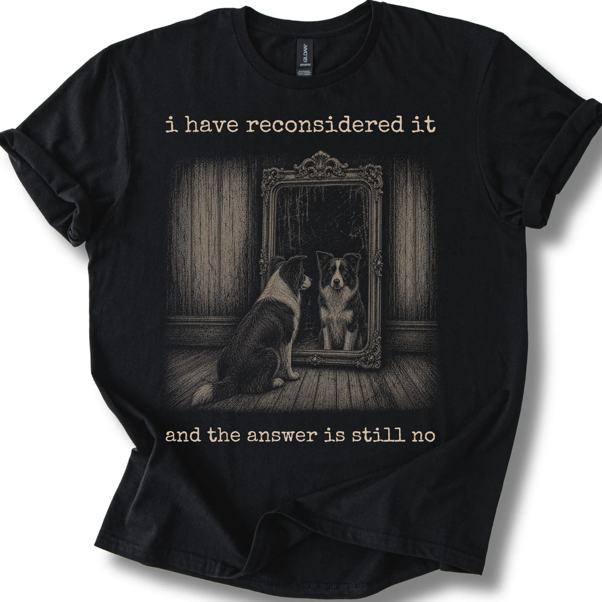 Border Collie The Answer Is Still No on a Black T-shirt, shown flat